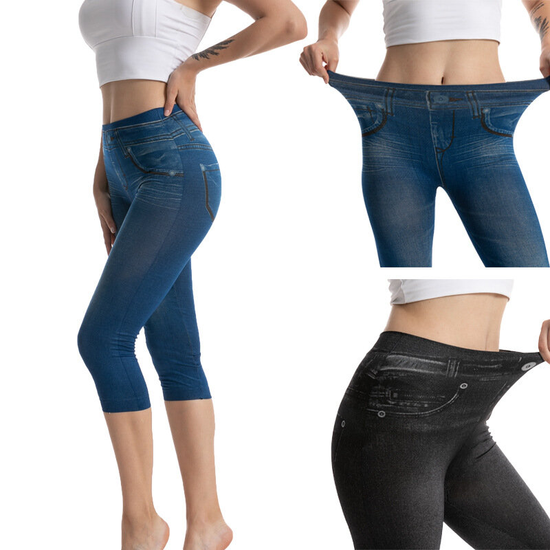YGYEEG Legging Jeans Imitasi Ramping Baru Celana Pendek Gambar Cetak Ketat Wanita Celana Panjang Betis Celana Panjang Musim Panas Jegging Pinggang Tinggi