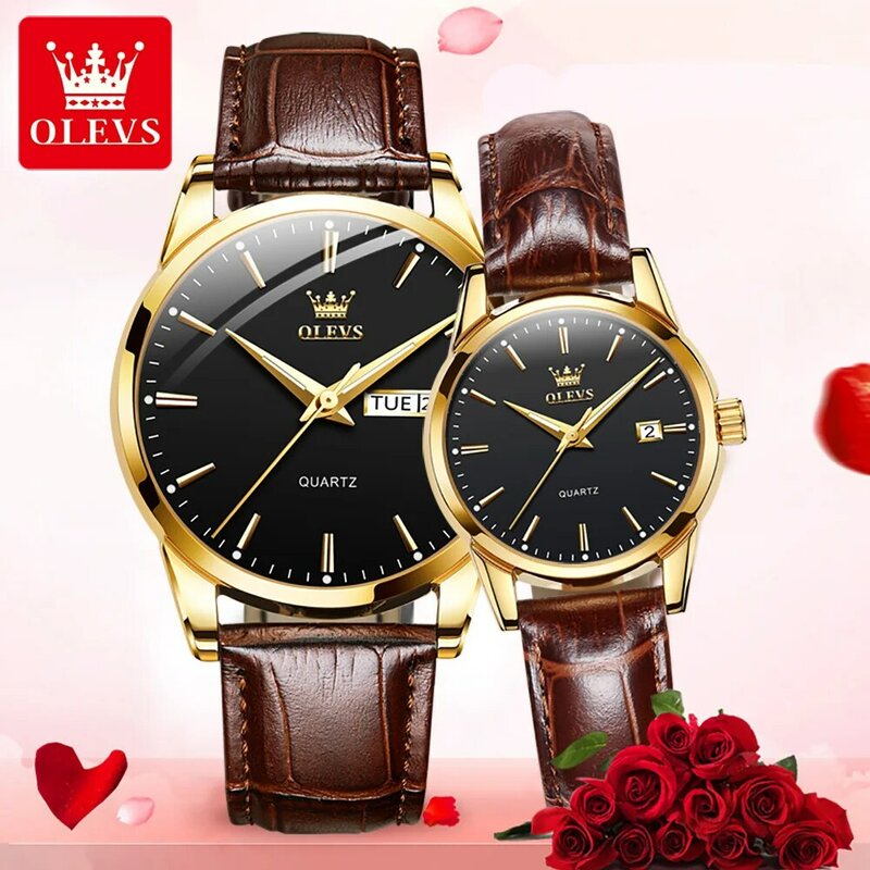 OLEVS-reloj de cuarzo para parejas, accesorio de marca superior de lujo, resistente al agua, con correa de cuero, para regalo de pareja, para hombre y mujer