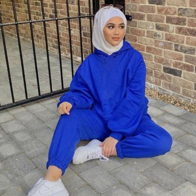 Zima new2pcsSets dopasowany strój Sweatsuit kobiety moda muzułmańska Casual topy z kapturem długie spodnie ubranie sportowe jednokolorowy dres