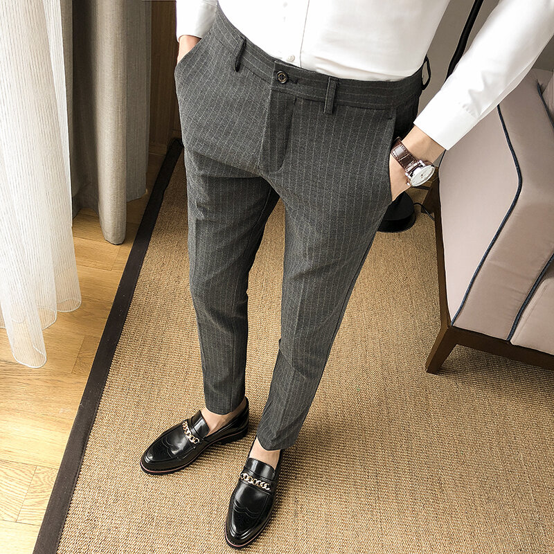 Celana Setelan Bisnis Pria Kualitas Tinggi Baru 2021 Celana Panjang Gaya Inggris Bergaris Kasual Mode Celana Panjang Gaun Merek Pria 28-36