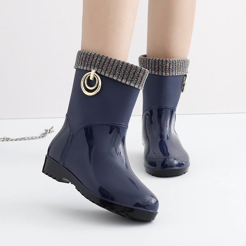แฟชั่นรองเท้าฝนรองเท้ายางกันน้ำทำงานรองเท้า Bottine Femme 2021ฤดูหนาวกลางฤดูหนาวหลอด Plus กำมะหยี่ Slip บนรองเท้าฝน lady