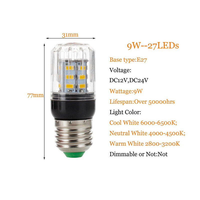 Bombillas LED de mazorca de maíz, lámparas eléctricas de 9W, 27LED, lámpara de mesa, focos para iluminación interior del hogar, DC 12V/24V, E27, E26, E12, E14