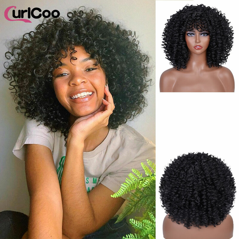 Короткие афро кудрявые парики с челкой для чернокожих женщин синтетические Омбре натуральные термостойкие волосы коричневые Косплей хайлайтер парики
