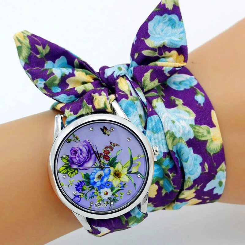 Часы наручные Shsby женские с тканевым ремешком, модные наручные часы с цветочным принтом, часы с тканевым браслетом для девушек