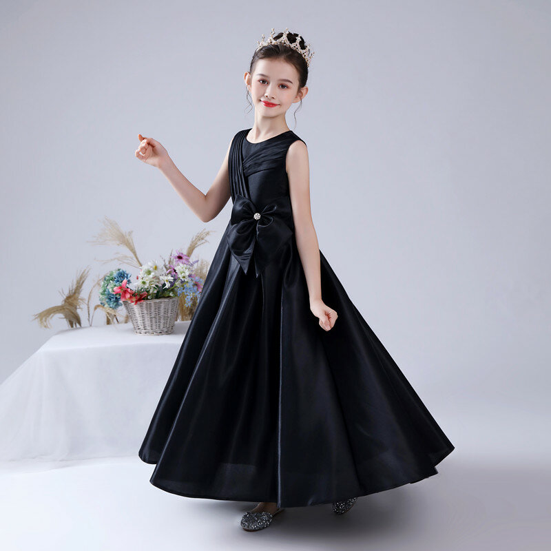 Robe longue plissée noire à imprimé floral pour petite fille, tenue de spectacle et d'anniversaire