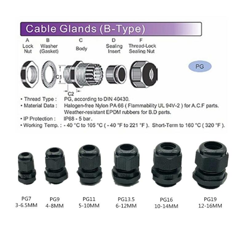 Cable de glándula impermeable de 10 piezas, entrada de Cable Ip68, cierre ajustable, Pg7, Pg9, Pg11, Pg13.5, Pg16, plástico de nailon negro