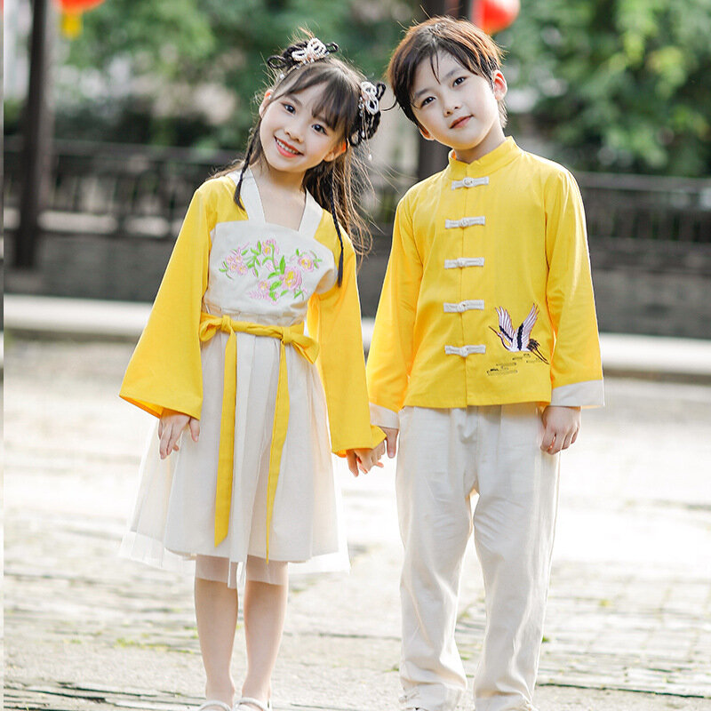 Autunm الصينية جميل الفتيان القطن تانغ دعوى الأطفال التطريز التقليدية أداء ازياء الفتيات التصوير القديمة Hanfu