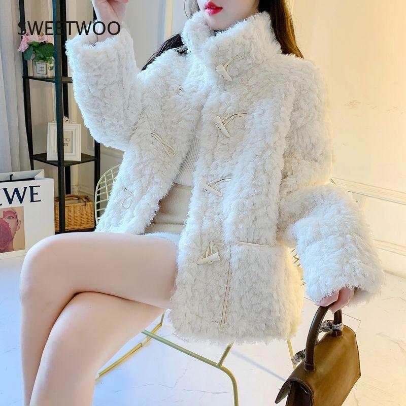 Manteau en fourrure d'agneau pour femmes, épais, ample, Style occidental, col montant, luxe, revers ample, épais, chaud, peluche surdimensionnée
