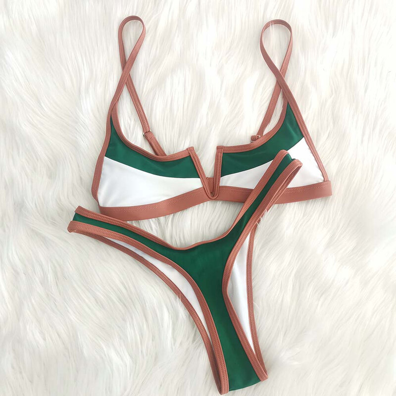 Bikini Retro Vintage de retazos para mujer, traje de baño Sexy brasileño con Tanga, Micro v-bar verde, novedad de verano 2023