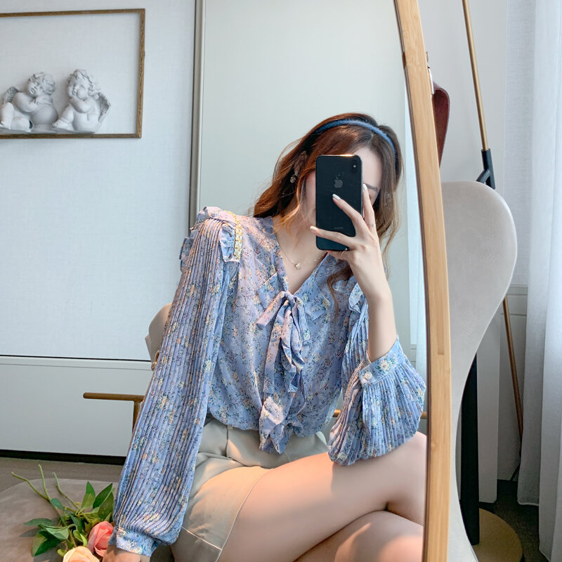 Women Blouse Floral Printed Shirt Female Ruffled Lace Bow Lantern Sleeve Chiffon Shirt 2020 Autumn Blue Sweet Long Sleeve Tops