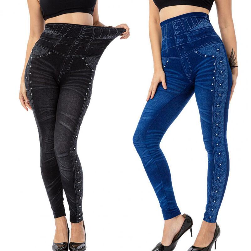 Grube fałszywe Denim rozciągliwe spodnie jeansowe damskie stylowe cienkie dzianiny poliestrowe damskie spodnie obcisłe dżinsy rurki oddychające