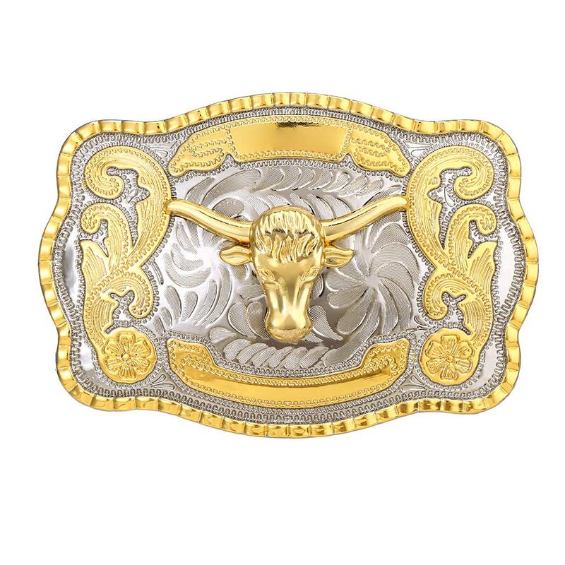 Biger złoty srebrny prostokąt texas długi róg bull head klamra dla człowieka western cowboy klamra bez pasa niestandardowy stop szerokość 4cm