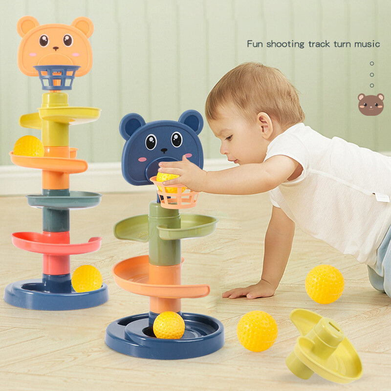 Montessori ซ้อนบล็อก Track Ball ของเล่นเลื่อน Toss เกมของเล่น W/ Basket Hoop Easy Assembly เด็ก Sensory ของเล่น