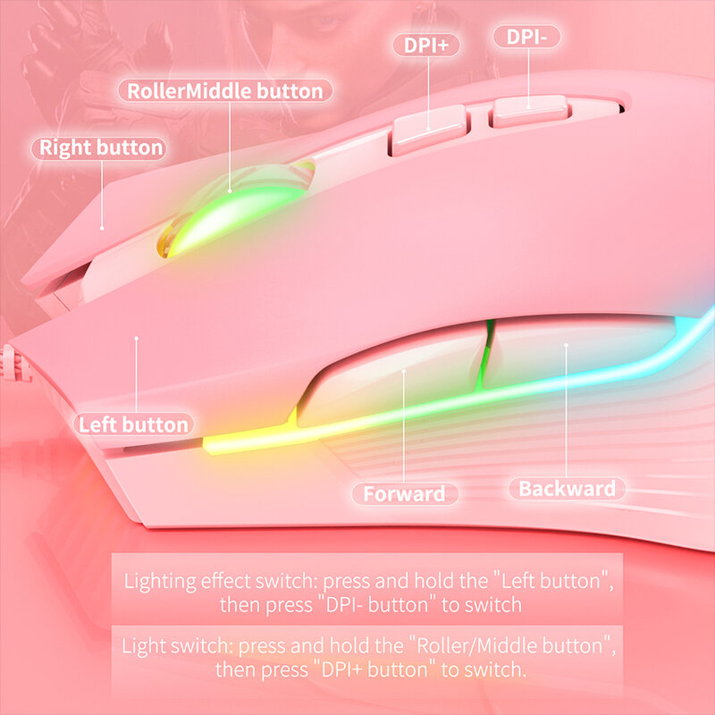 Mouse da gioco cablato USB ONIKUMA, Mouse regolabili da 6400 DPI, Mouse luminoso a 7 pulsanti RGB con luce respiratoria a LED, adatto per giocatori