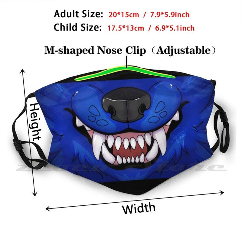Máscara azul lobo infantil lavável pm2.5, filtro logotipo de criatividade fofo de lobo para adulto e criança snarl animal peludo fofo peludo
