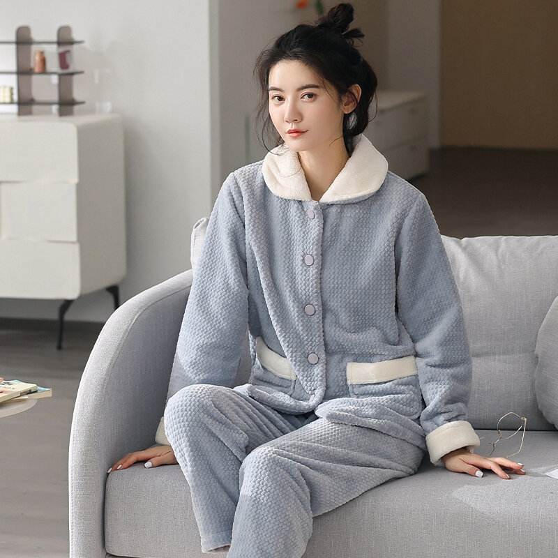 Pijamas de inverno conjunto grosso quente flanela pijamas manga longa turn-down sleepwear casual macio M-3XL feminino