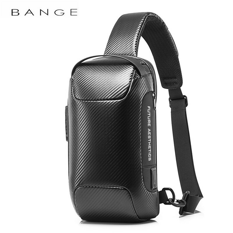 BANGE อัพเกรดกันน้ำ Multifunction คาร์บอนไฟเบอร์รูปแบบ Crossbody กระเป๋า USB สลิงไหล่กระเป๋า Messenger แพ็คถุง