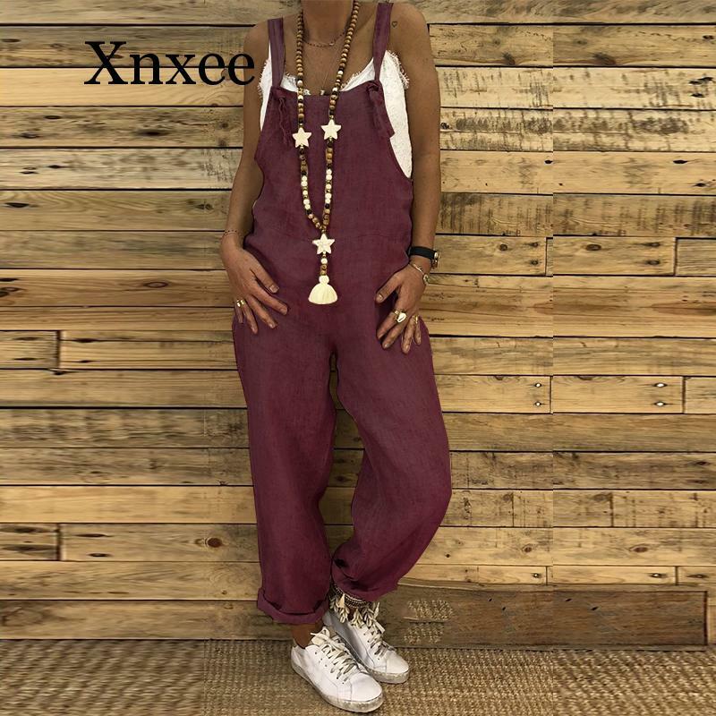 2020 Women Casual Solid Strappy Dungarees Vintage Cotton Linen Loose Party Long Harem Overalls Rompers Jumpsuits long sleeveless
