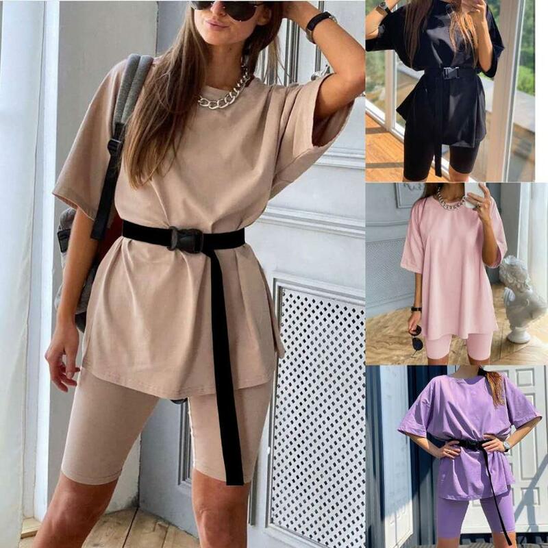 Women's Two Piece Set Short-Sleeve Round Collar T-shirt +Smallclothes Suit Casual Loose Womens Outfits With Belt Biker Shorts