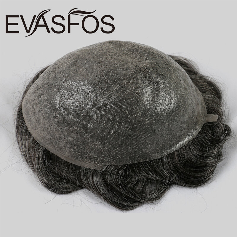 Evasfos-男性用の人間の髪の毛のトーピー,ボタン付きのヘアピース,Tpuのベース,メンズウィッグ,交換システム,vループ0.08mm