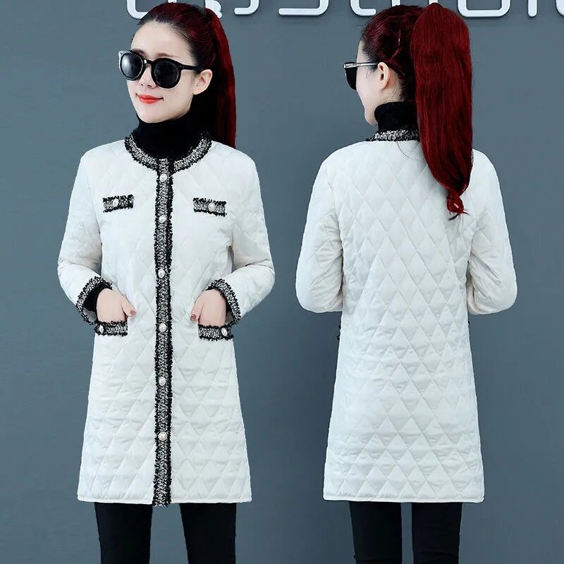Casaco de algodão feminino, casaco médio longo de algodão acolchoado com gola redonda