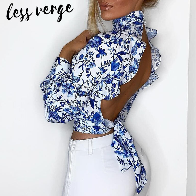 Lessverge floral backless 섹시한 블라우스 셔츠 여성 긴 소매 터틀넥 boho 가을 탑 블라우스 ladies ruffles 자르기 blusas mujer