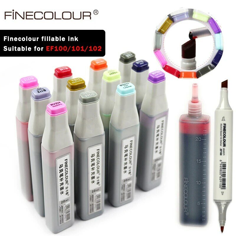 Finecolour EF900 Art tłusty Marker alkoholowy 20ML EF100/101/102 uniwersalny uzupełnianie/uzupełnianie/napełnianie płynny atrament 480 kolorów