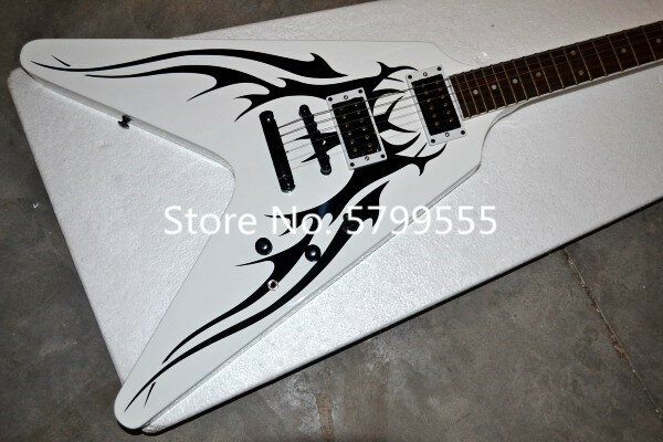 Klassische spezielle-förmigen 6-draht elektrische gitarre, weiß körper, spezielle applique, kostenlose lieferung