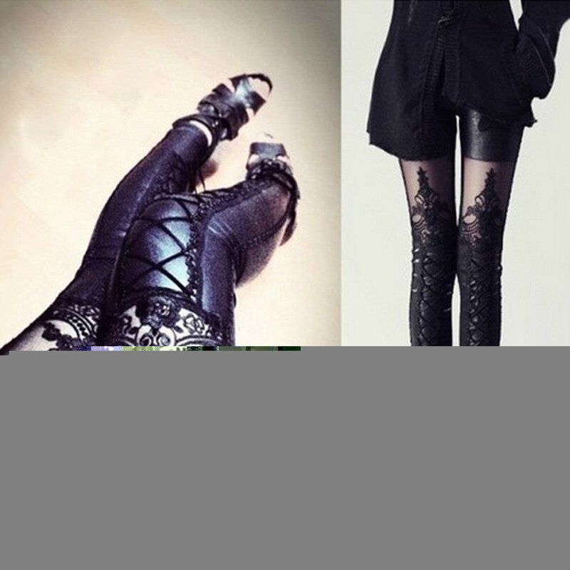 Stilvolle Sexy Frauen Faux Leder Gothic Punk Leggings Hosen Spitze Dünne Neun-punkt Hosen Leder Hosen Gürtel Nachahmung A2E9