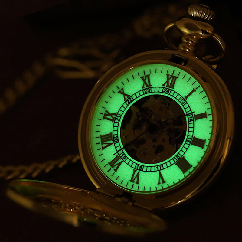 Jam tangan saku mekanis perunggu antik klip gantung bercahaya untuk pria wanita kerangka Steampunk rantai Fob Reloj montre de poche