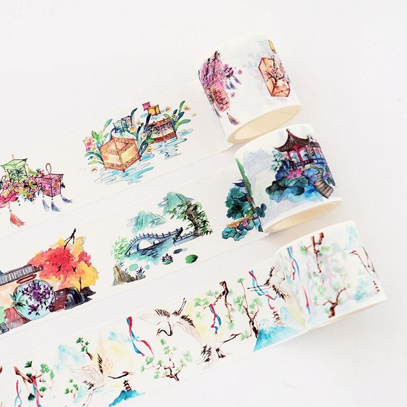 Лента малярная, лента для декорации Washi, 1 шт., с китайским пейзажем, растениями, винтажным пейзажем, дневник в стиле Скрапбукинг