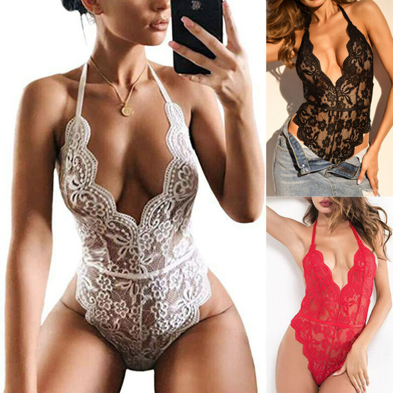 3 Colors Backless Halter Floral Lace Bodysuit Transparent Female Body Hot Sexy Women Deep V-Neck Sheer Bodysuits Club Party