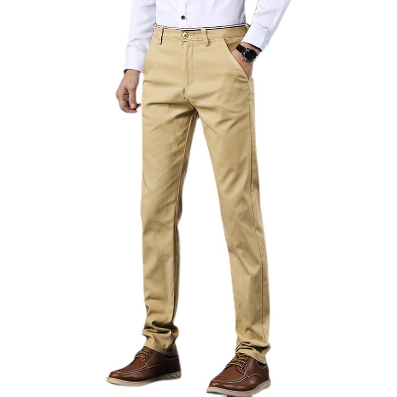 Celana Kasual Tipis Musim Semi Musim Panas Pria Gaya Klasik Celana Panjang Kantor Warna Solid Katun Bisnis Mode Celana Panjang Pria Kualitas Tinggi