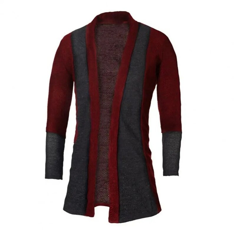 Трикотажный кардиган средней длины для мужчин, свитер с воротником-стойкой в стиле пэчворк, верхняя одежда, осень-зима