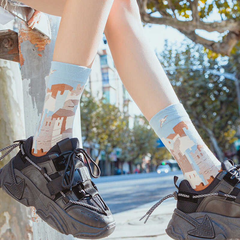 ถุงเท้าผู้หญิงพิมพ์ฤดูใบไม้ร่วงฤดูหนาวภาพ Unisex ลูกเรือภาษาฝรั่งเศสคำสไตล์ Individuality Harajuku ความคิดสร้างสรรค์แนวโน้ม Casual ถุงเท้า Lady
