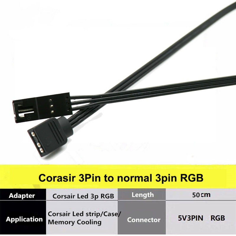 Corsair-Cabo Adaptador ARGB RGB, Cabo LED, HD, LL120, 140 QL, 3Pin, 4Pin, 5V, 3Pin, RGB, 50cm