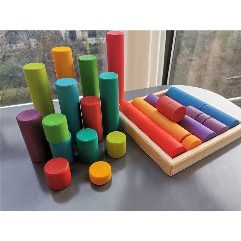 25pcs Kids Large Wood Building Rollers Rainbow Blocks Stain Basswood Stacking Cylinders Educational Creative Toys