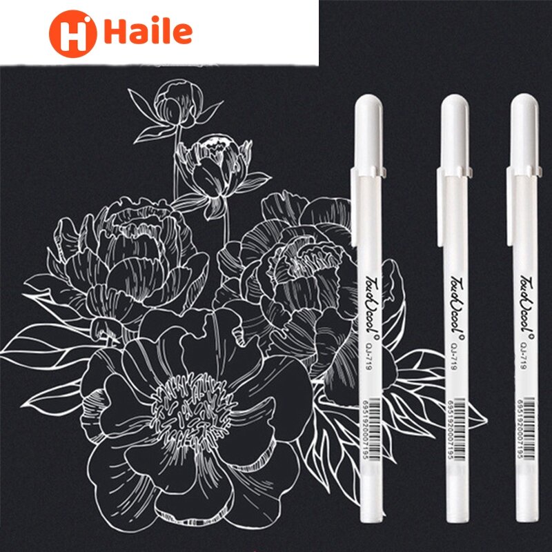 Haile 2/4pcs/Set 0.6mm Large Capacity Fine Tip White Ink Gel Pen Highlight Marker Pen Sketching Drawing Comic Art Stationery