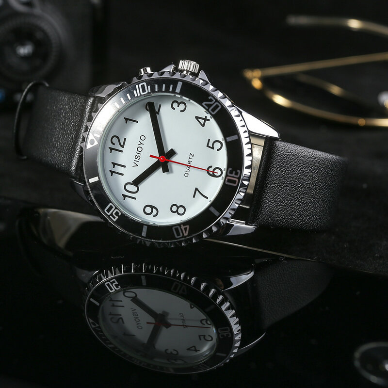 Franse Praten Horloge Met Alarm, Praten Datum En Tijd, Witte Wijzerplaat, Zwart Lederen Band TFBW-1502