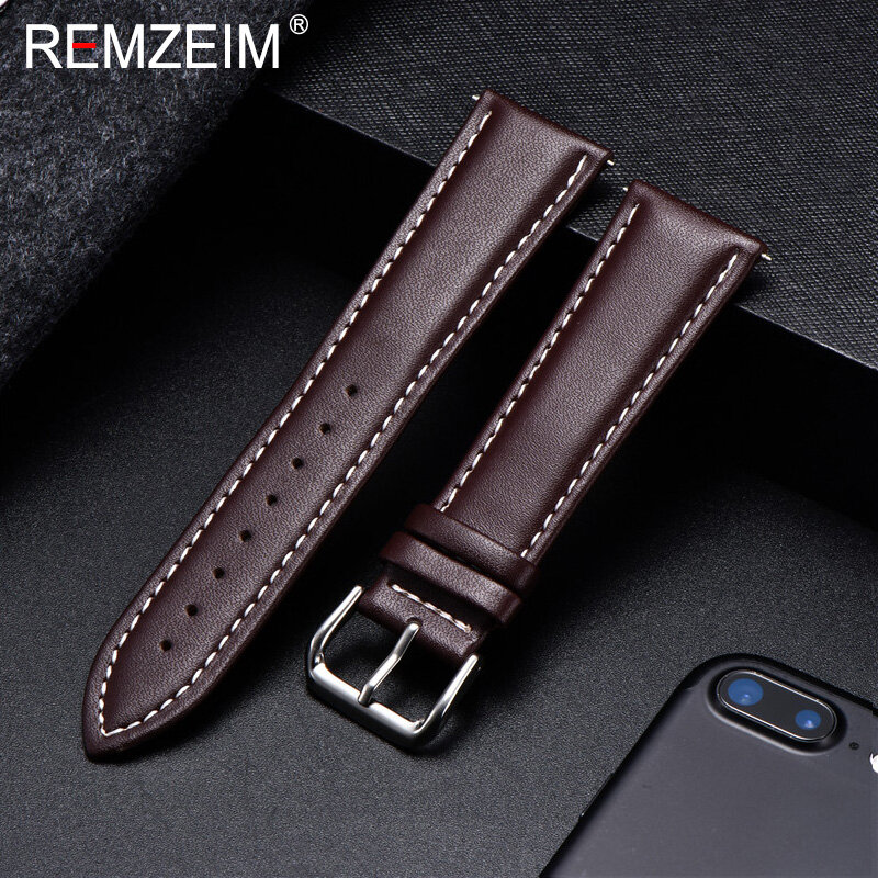 REMZEIM – bracelet de montre en cuir de veau, matériau souple, 18mm 20mm 22mm 24mm, avec boucle en acier inoxydable argenté