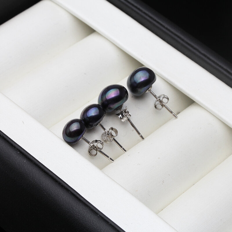 Real 925 Sterling Silver Pearl Stud Earrings For Women Black Natural Freshwater Pearl Jewelry New Fashion