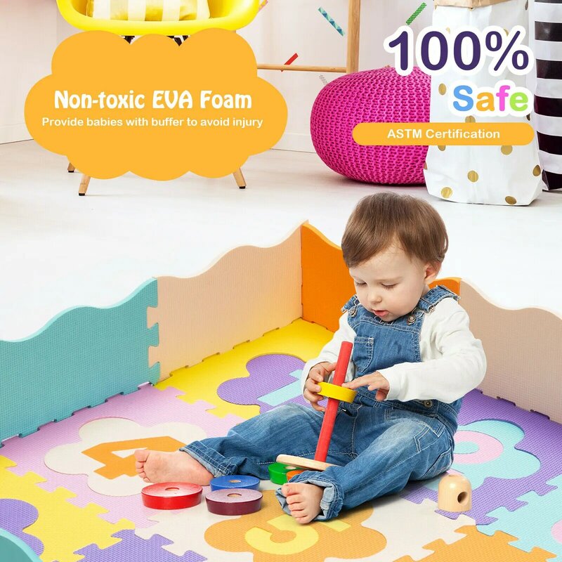 Babyjoy-alfombra de juego entrelazada de espuma para bebé, alfombrilla de juego con valla con números desmontables, 75 piezas, HW70219
