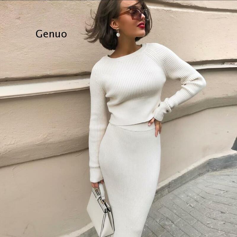 Knitting Cashmere Pullover and Skirt Two Piece Set Women Slim Fit Cropped Tops Women Autumn Elegant Sweater Outfits Women