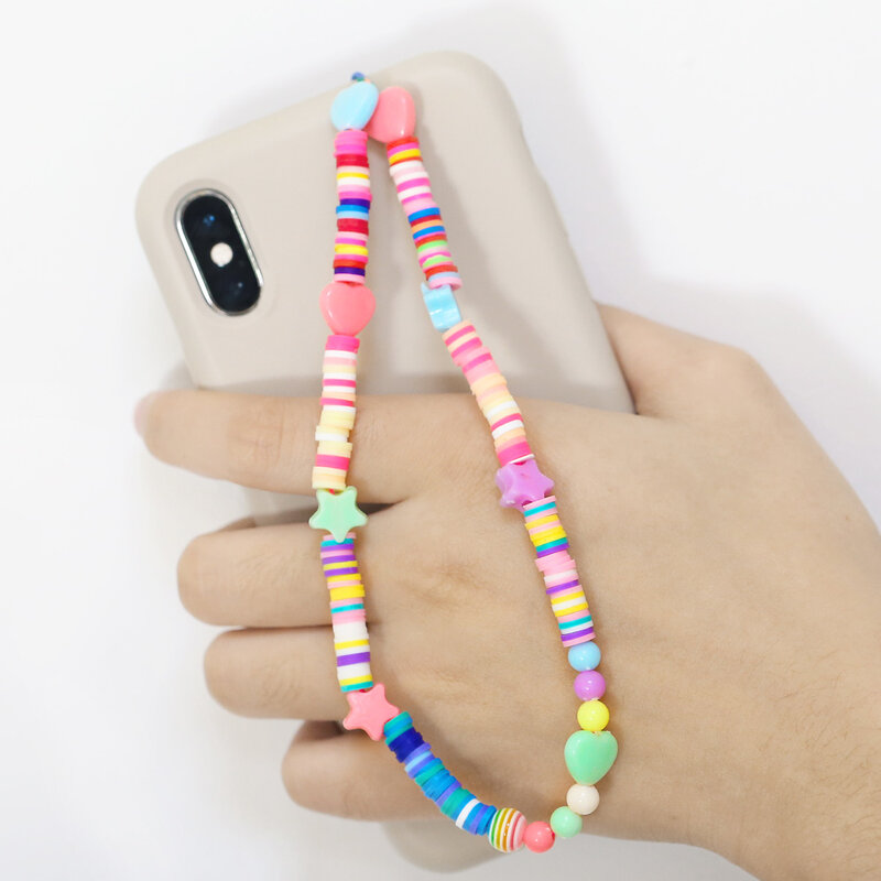 FLOLA-cordón de cadena para teléfono móvil para mujer, accesorio colgante Multicolor de Color caramelo, arcoíris, corazón y estrella, accesorios mpsa006
