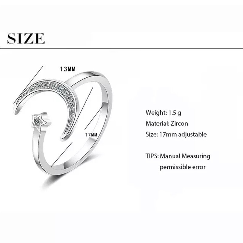 Eenvoudige Zirkoon Moon Star 925 Sterling Zilveren Ringen Voor Vrouwen Meisje Maat Verstelbaar S-R467