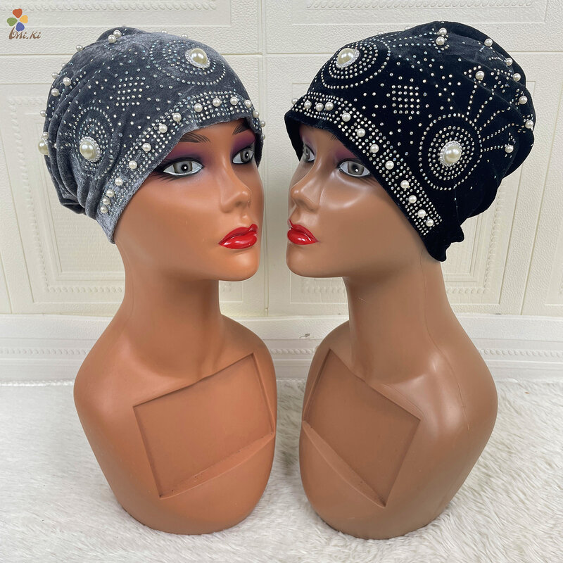 12 fotos/pacote novo design contas feminino cabeça envoltório africano sego headtie nigeriano gele pronto chapéu de turbante automático