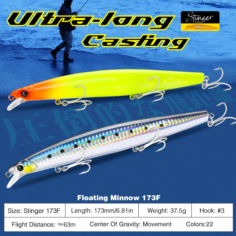 Tsurinoya 173f fundição ultra-longa flutuante minnow 173mm 6.81in 37.5g de pesca de água salgada isca stinger artificial grandes iscas duras