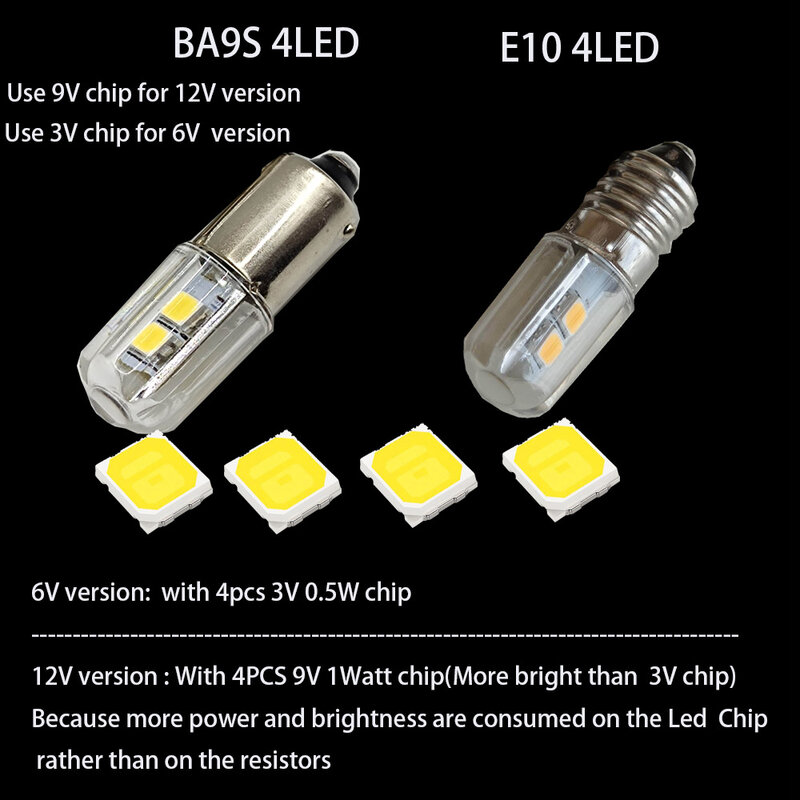 Lâmpada LED branca quente para lanterna, lâmpada, luz de trabalho, farol, bicicleta a motor, E10, 6V, 12V, 2pcs