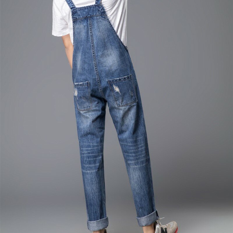 Женские свободные джинсовые комбинезоны с широкими штанинами размера плюс, Европейский комбинезон с дырками и карманами, синий комбинезон, размеры S, M, Xl, 3Xl, 5Xl, 6Xl