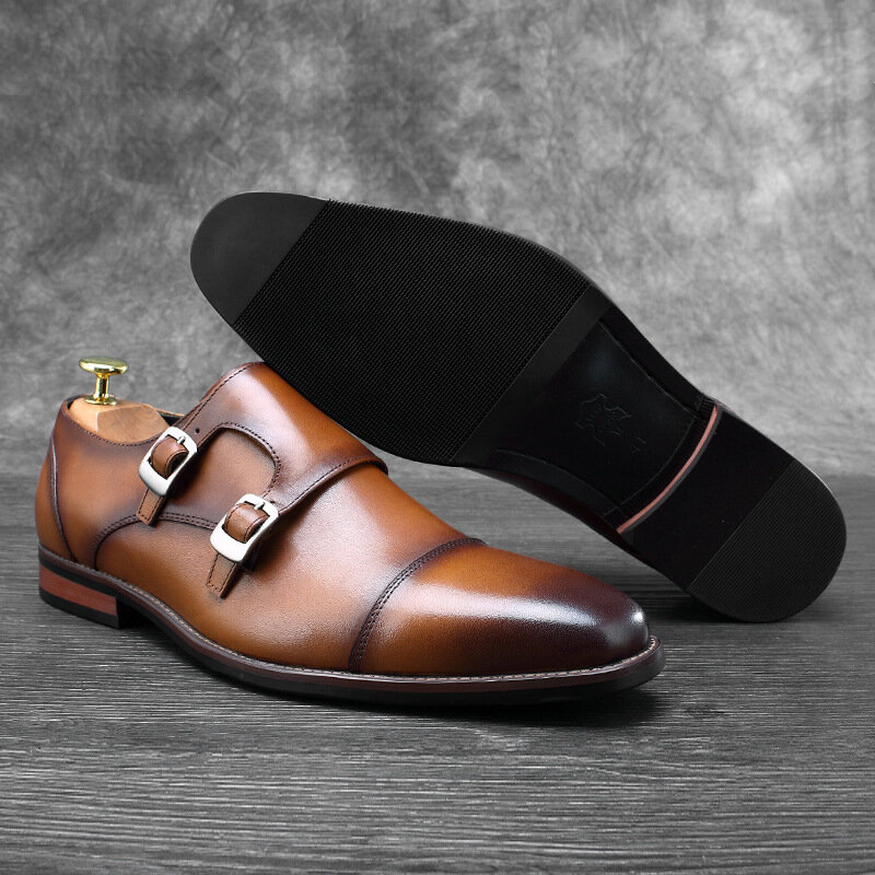 Mens Double Monk Strap Classic Genuine Leather Dress Shoes Mens Suit Shoes High Quality Classic Elegant Shoes New